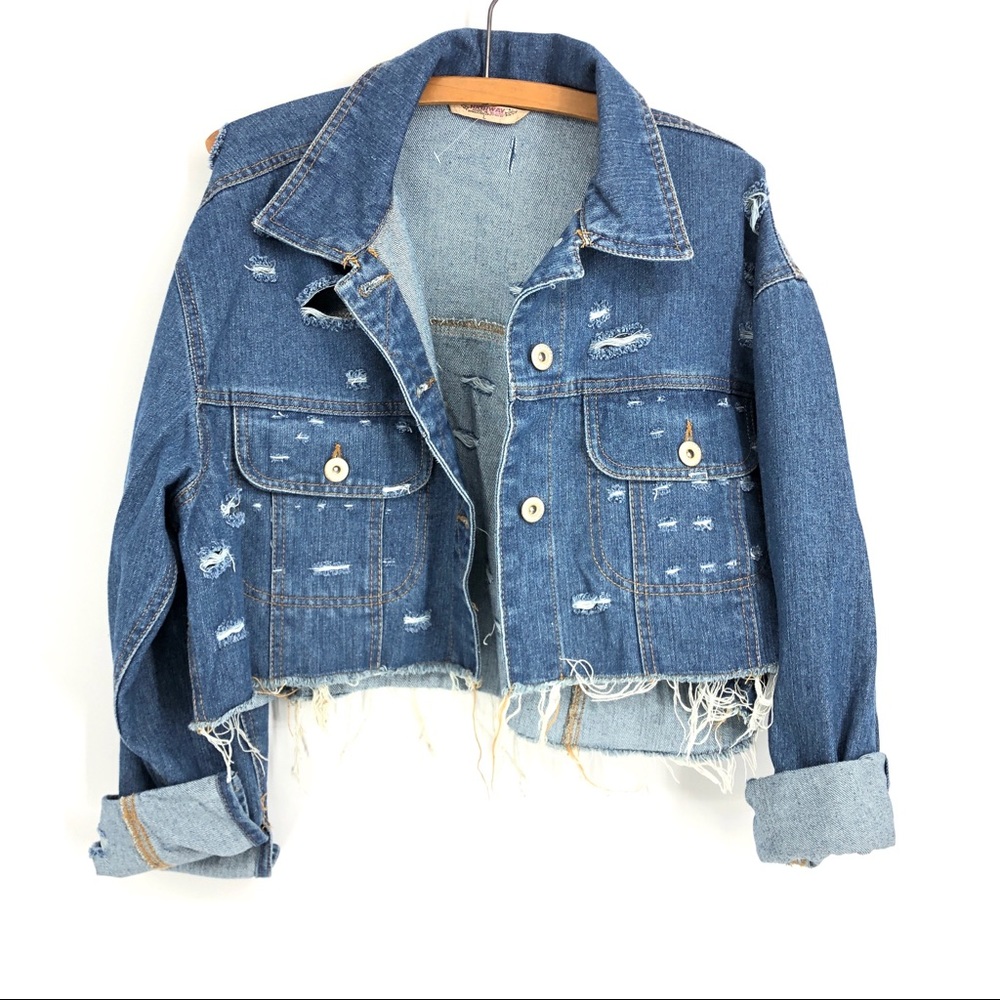 Highway Jeans Distressed Cropped Raw Hem Jean Denim Jacket Sz Large NWOT